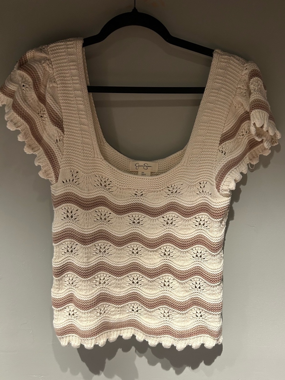 Jessica Simpson Cream and Taupe Crochet Scoop Neck Crop Top